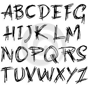 Handdrawn ink font. Modern inkpen lettering. Grunge style alphabet. Vector illustration.