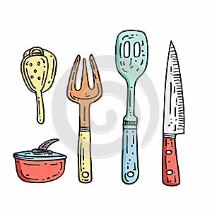 Handdrawn kitchen utensils colorful set featuring spatula, fork, slotted spoon, knife, pot soup