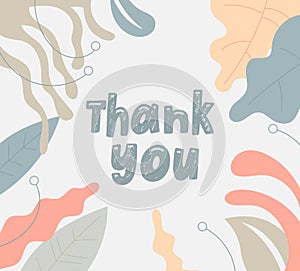 Handdrawn lettering massage Thank You with leaf on background. Handwritten phrase expression for banner, greeting card