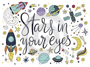 Handdrawn lettering quote with galaxy illustrations.