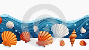 Handdrawn ocean waves and shells, isolated on a clean white background, evoke calm coastal vibes photo