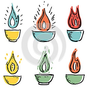 Handdrawn oil lamps, various flames designs, vibrant colors. Vector illustration set traditional