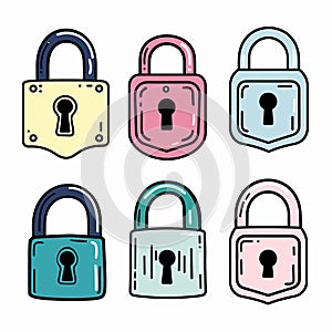 Handdrawn padlocks colorful cartoon style, six security locks illustration grouped, lock displays photo