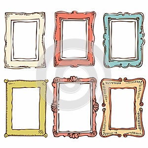 Handdrawn picture frames colorful detailed artwork. Six empty frames various shapes colors