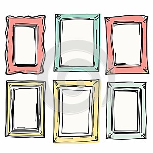 Handdrawn picture frames set isolated white background. Colorful sketch frame designs perfect