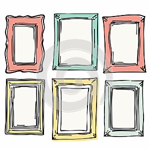 Handdrawn picture frames set six, varying colors doodle styles. Illustrated frames gallery wall
