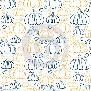 Handdrawn pumpkin vector seamless pattern. Blue and orange squash on white background. Regular ÃÂ·rint with pumpkin