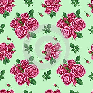 Handdrawn roses seamless pattern. Watercolor pink flowers composition with green leaves on the turquoise background. Scrapbook
