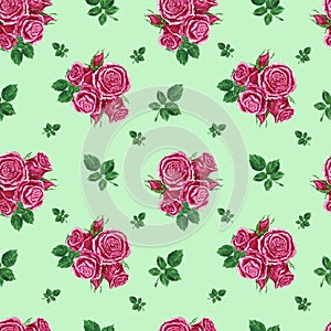 Handdrawn roses seamless pattern. Watercolor pink flowers composition with green leaves on the turquoise background. Scrapbook