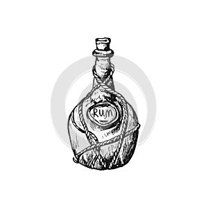 handdrawn rum bottle illustration, rum drawing, sea, elements, marine illustrations, sea, ocean, water, rum bottle