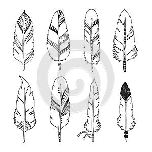 Handdrawn set of feathers