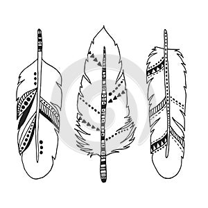 Handdrawn set of feathers isolated on white