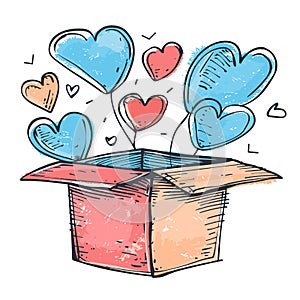 Handdrawn sketch heartshaped balloons emerging cardboard box suggesting surprise, love, gift photo