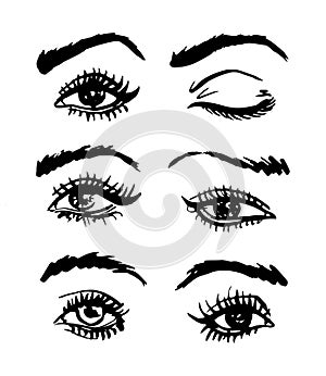 Handdrawn sketchy vector eyes and brows set