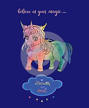Handdrawn smiling unicorn chibi and phrase dreams are real isolated on the blue background. Vector illustration