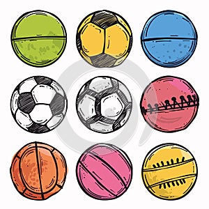 Handdrawn sports balls set includes tennis, soccer, volleyball, basketball. Colored sketches