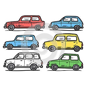 Handdrawn style set compact cars illustrated various colors, reminiscent classic British design