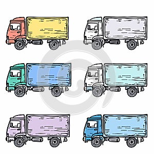 Handdrawn trucks various colors, side view cartoon vehicles illustration. Colorful delivery trucks