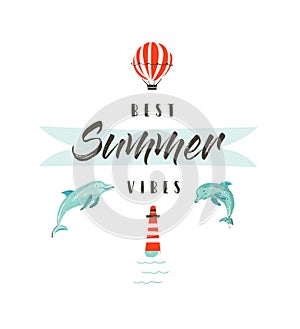 Handdrawn vector abstract summer time fun illustration logotype or sign with dolphins,hot air balloon,lighthouse and