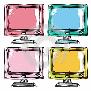 Handdrawn vintage televisions colorful sketch, retro TVs doodle isolated white background. Four photo