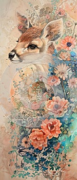 A handdrawn, watercolor scene of a serene animal surrounded by pastel flowers, blending realism with whimsy