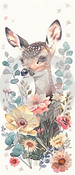 A handdrawn, watercolor scene of a serene animal surrounded by pastel flowers, blending realism with whimsy