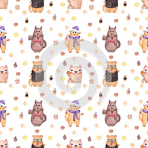 Handdrawn watercolor seamless pattern with cats for children\'s textile. Scrapbook design, typography poster, label, banner