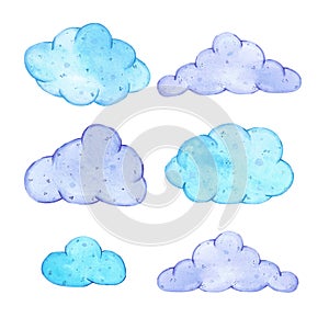 Handdrawn watercolor set of clouds for children\'s textile. Scrapbook design, poster, label, card