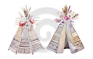 Handdrawn watercolor tribal teepee, isolated white campsite ten