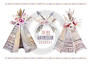 Handdrawn watercolor tribal teepee, isolated white campsite ten