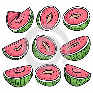 Handdrawn watermelon slices vibrant juicy fruit collection. Cartoon watermelons, juicy pink flesh