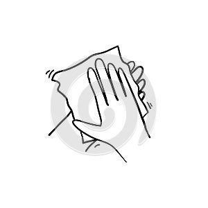Handdrawn Wipe your hand with damp cloth black icon. Wipe skin paper tissue. Wash hand. Personal hygiene. White napkin.