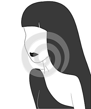 Handdrawn woman face with black lips and hair.