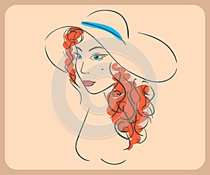 Handdrawn woman wearing wavy red hair and hat.