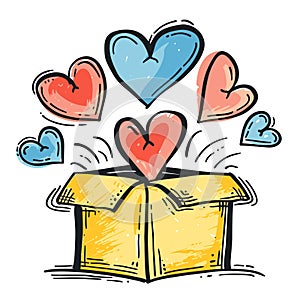 handdrawn yellow gift box exploding colorful hearts. Love hearts emerge vibrantly package photo