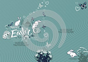 Handdrown Easter background with eggs, rabbit and flowers.