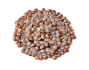 Handful of brown unhulled red lentils on white photo