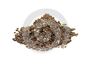 A handful of chocolate chips with pieces of walnut