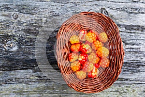 Handful of Cloudberry in wooden basket on an old wooden board background. Healthy diet