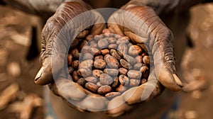 A handful cocoa beans in the hands of an african farmar. Chocolate shortage