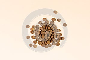 A handful of dry food for cats and dogs on a beige background. View from above
