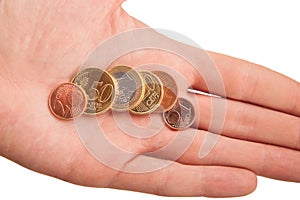 Handful of euro coins in hand