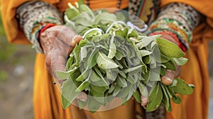 A handful of fresh sage leaves often burned as a ceremonial smudge or used in herbal compresses for promoting healing in