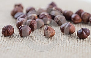 Handful of hazelnuts on a burlap fabric. Selective focus on the front row of nuts.