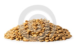 A handful of peeled sunflower seeds on a white background.