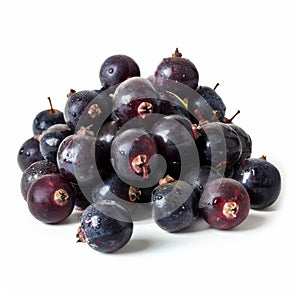 A handful of ripe, juicy serviceberries with a dark purple hue, isolated on white background Ai photo