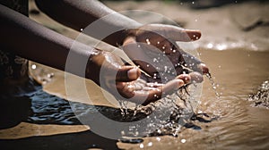 Handful Of Water Scarsity for Africa Symbol. Hand of an African black boy with water pouring photo