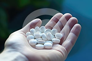 Handful of white pills in open palm. Medicine and healthcare