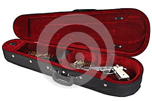 handguns with cartridges in violin case
