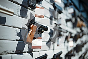 Handguns on showcase in gun shop closeup, nobody